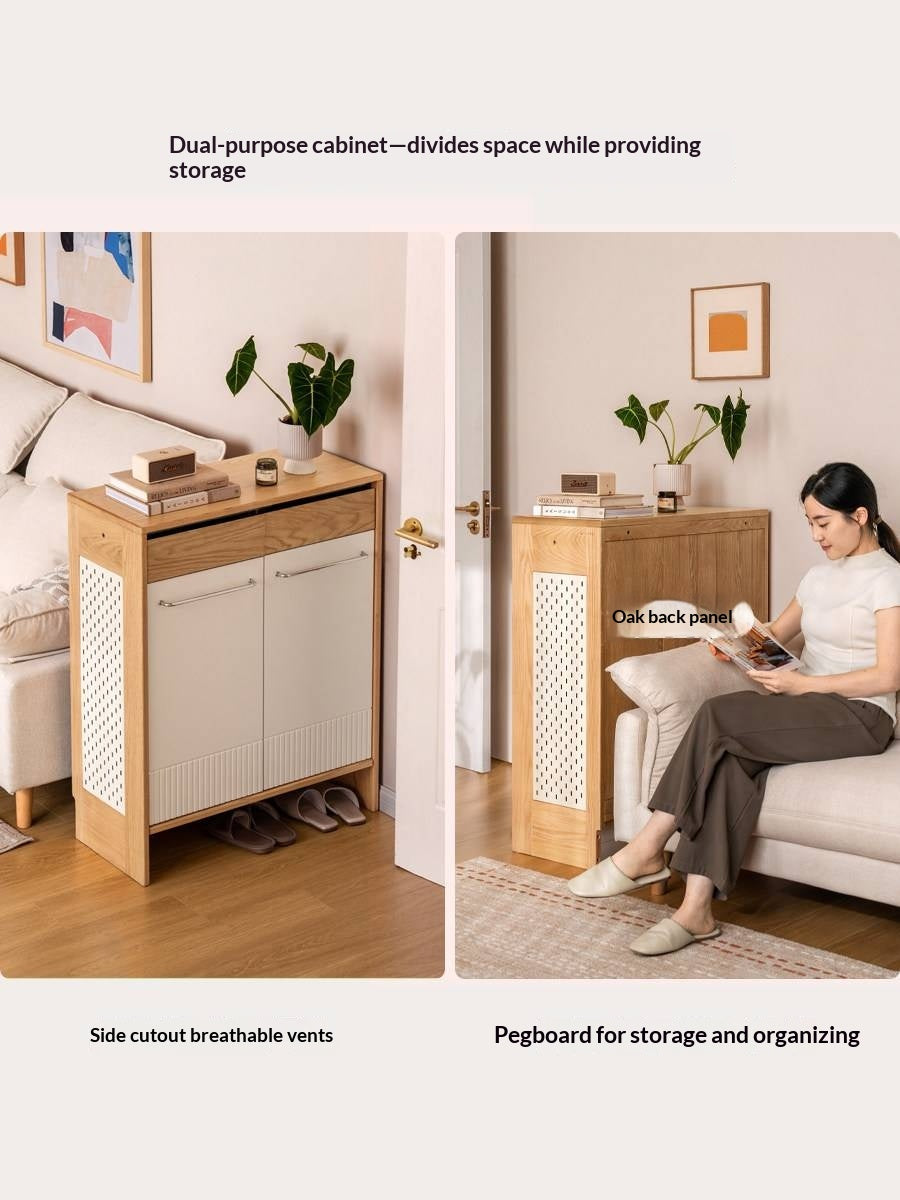 Oak Solid Wood Large Capacity Shoe Storage Cabinet with Fluted Panel Doors and Adjustable Shelves
