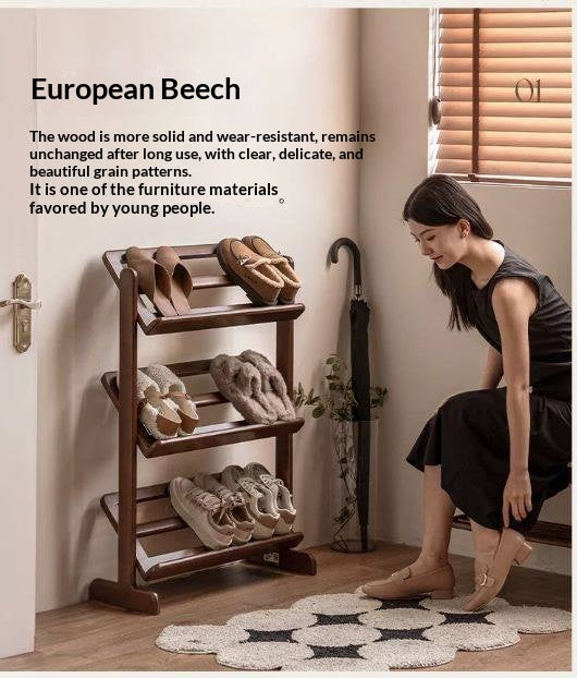 Beech Solid Wood Slim Shoe Rack with Tiered Shelves