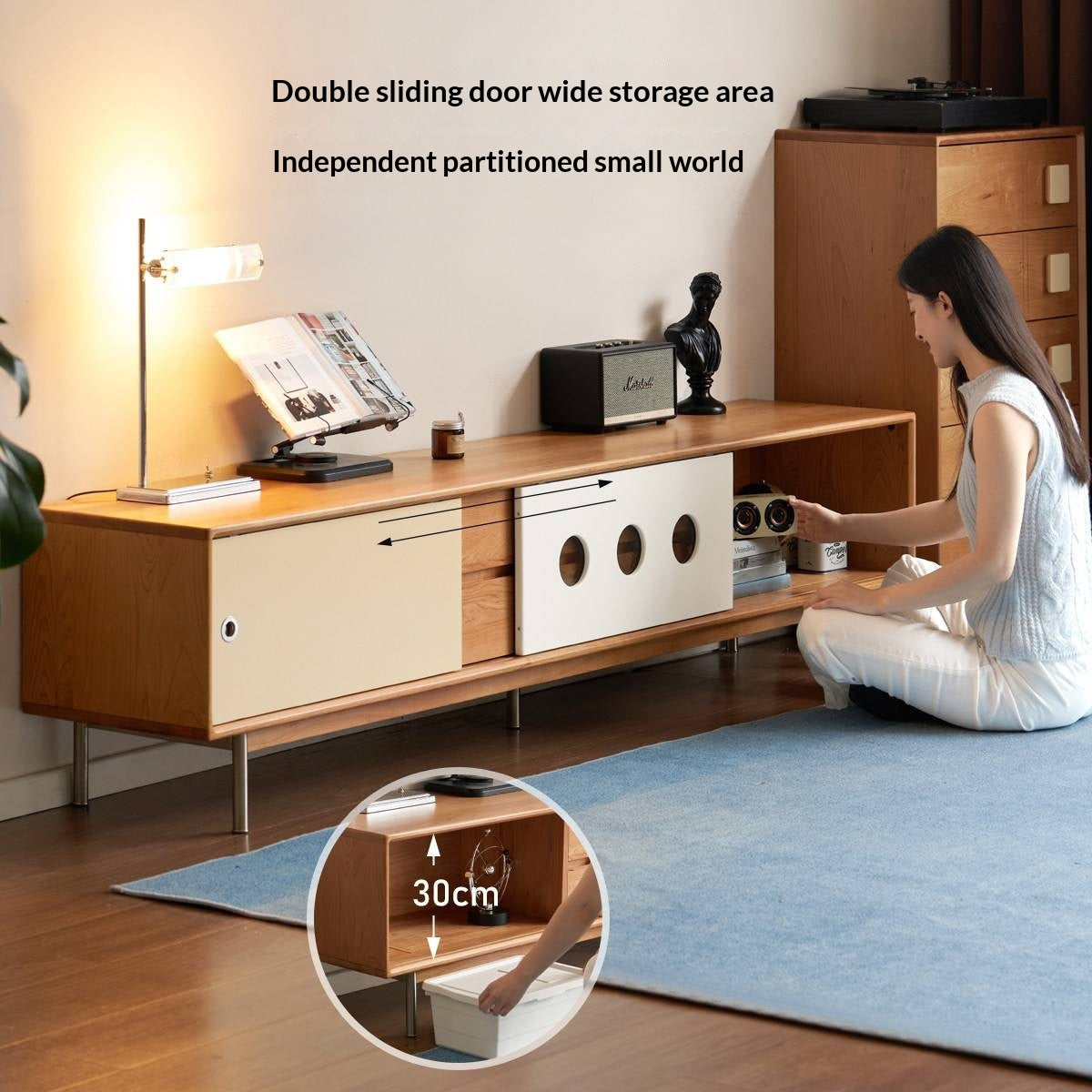 Cherry Solid Wood Bauhaus TV Stand with Color-Block Storage