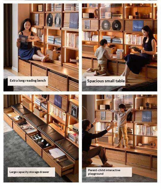 Cherry Solid Wood Bookcase with Wall Integration and Floor Storage Cabinet