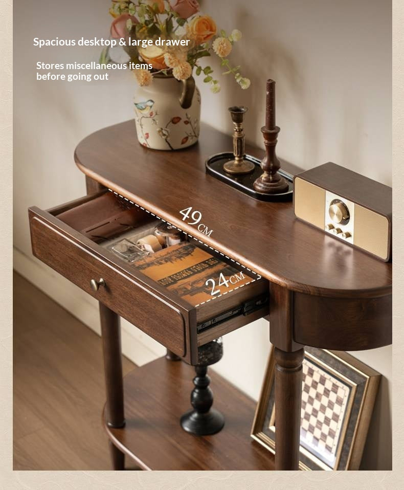 Sandalwood Solid Wood Traditional Demilune Console Table with Turned Legs and Drawer