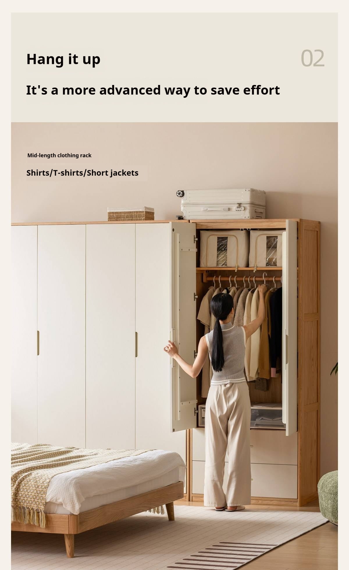 Oak Solid Wood Armoire Wardrobe with Hanging Rod and Drawers