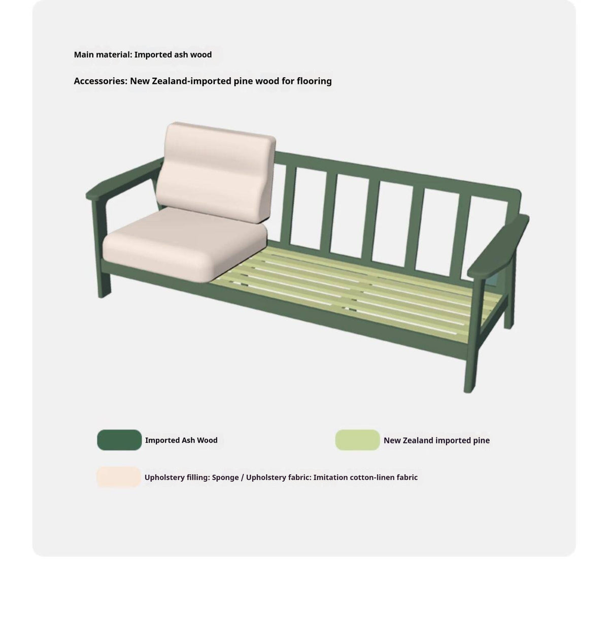 Ash Solid Wood Sofa with Slatted Base and Exposed Frame Arms