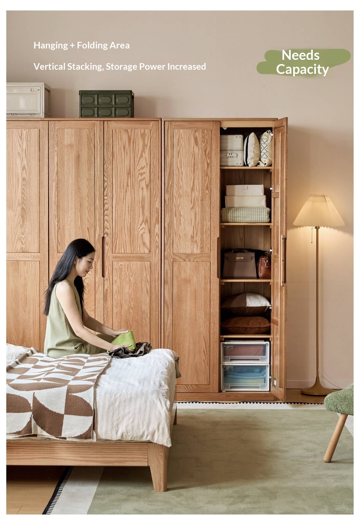 Oak solid wood Wardrobe with Flat Panel Doors and Groove Handles