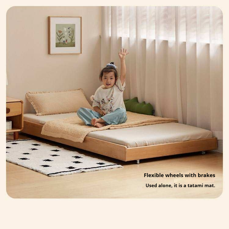 Beech Solid Wood Kids Bed with Bookcase Headboard and Pull-Out Trundle