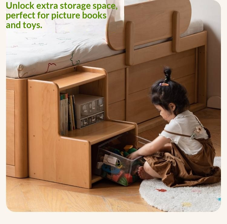 Beech, Rubberwood Solid Wood Kids’ Bed with Guardrail, Platform Bed, Headboard-Free Bed