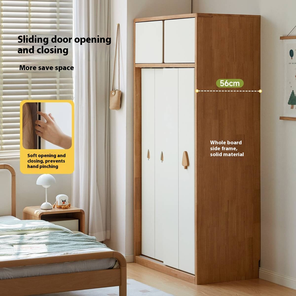 Solid Rubberwood Modern Children's Sliding Door Wardrobe