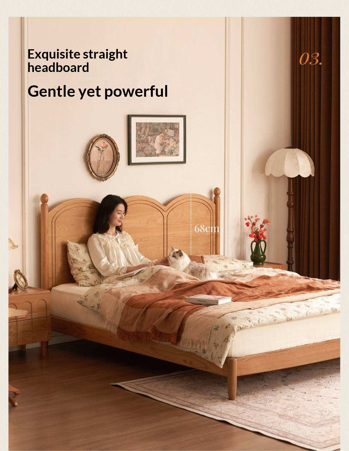 Cherry Solid Wood French Country Arched Platform Bed with Spindle Legs