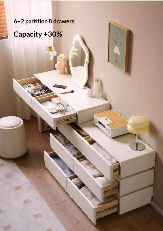 Solid Rubberwood Telescopic Vanity Table with Single-Layer Storage in White Cream