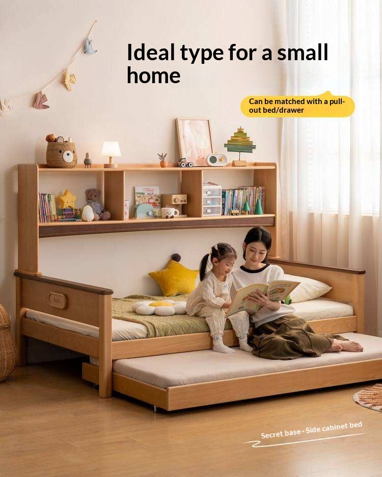 Beech Solid Wood Kids Bed with Bookcase Headboard and Pull-Out Trundle