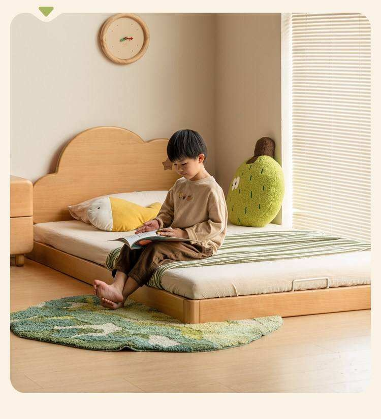 Beech Solid Wood Kids Montessori Platform Bed with Cloud Headboard