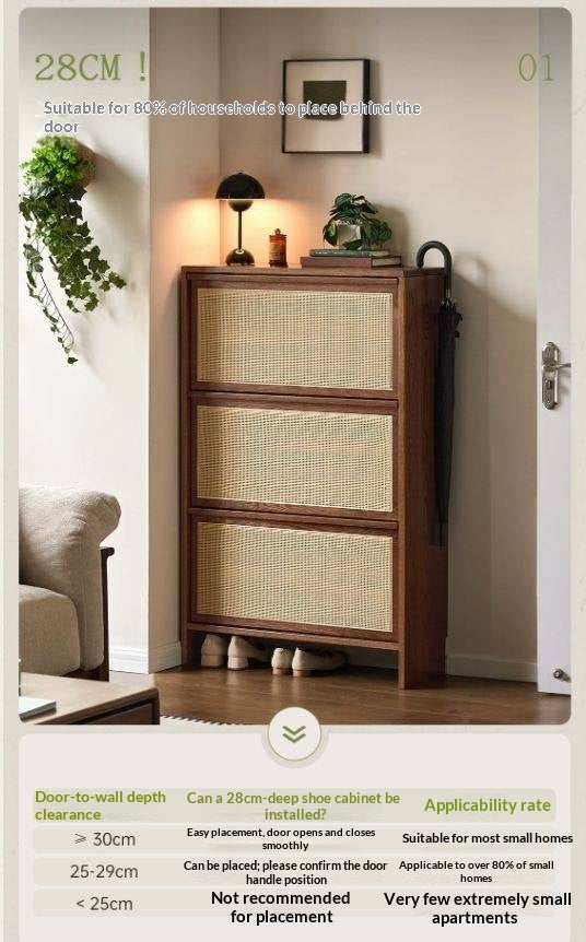 Oak Solid Wood Slim Entryway Shoe Cabinet with Rattan Flip-Down Doors
