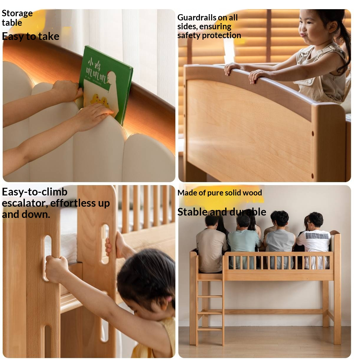 Beech Solid Wood Children's Soft Backrest Storage Loft Bed with Night Light