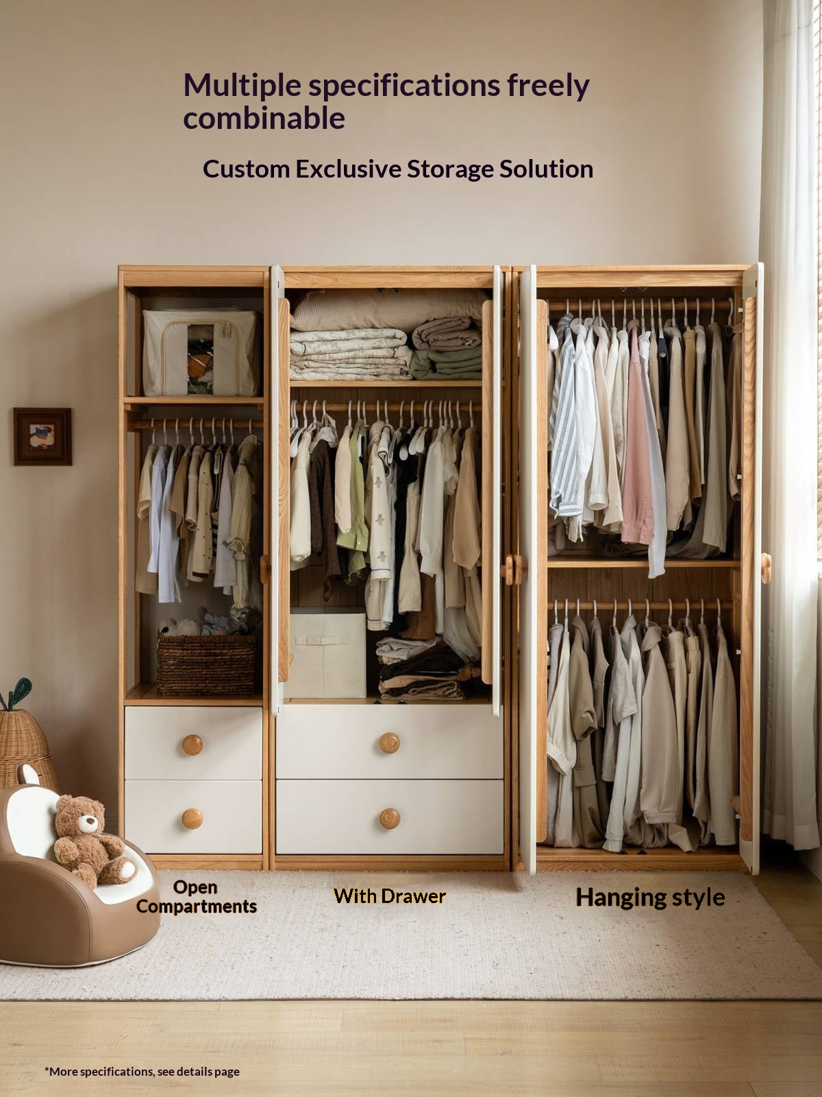 Oak Solid Wood Kids Wardrobe Combination