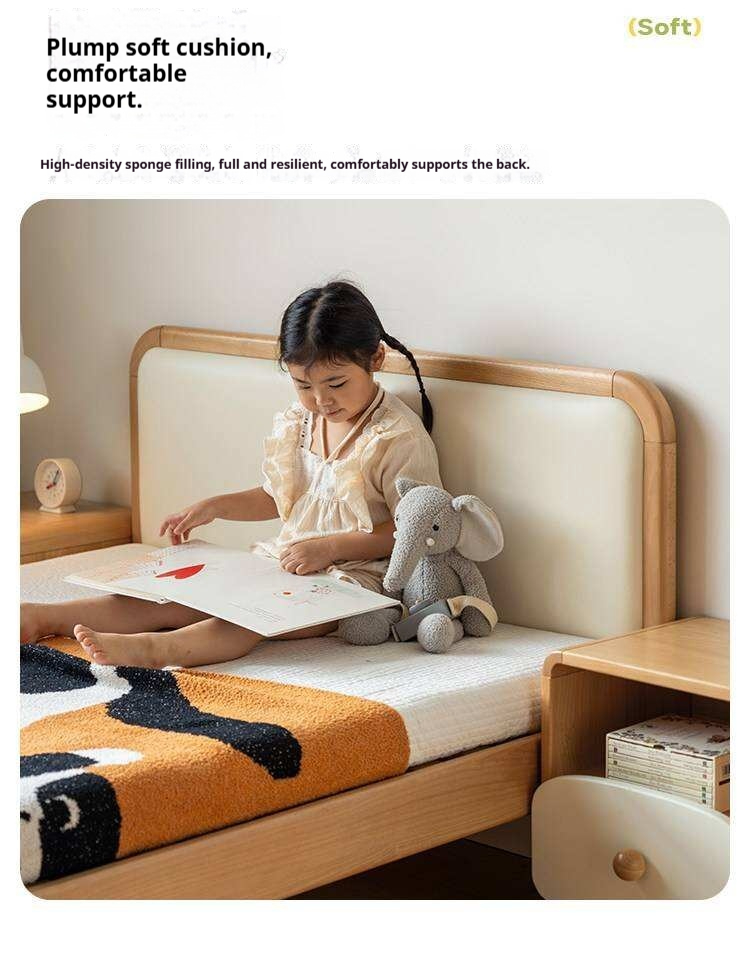 Beech Solid Wood Kids Bed with Adjustable Height and Rounded Corner Headboard