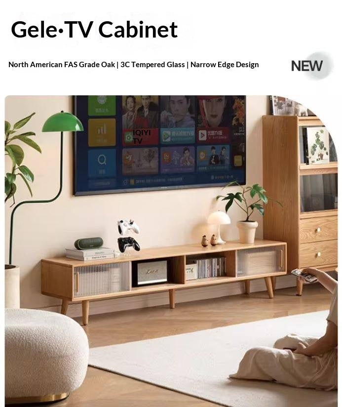 Solid RubberWood, Oak Solid Wood TV Stand Glass Sliding Door