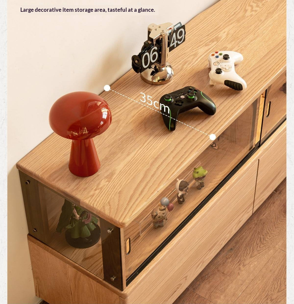 Oak Solid Wood TV Console with Illuminated Glass Display Case and Drawer Storage