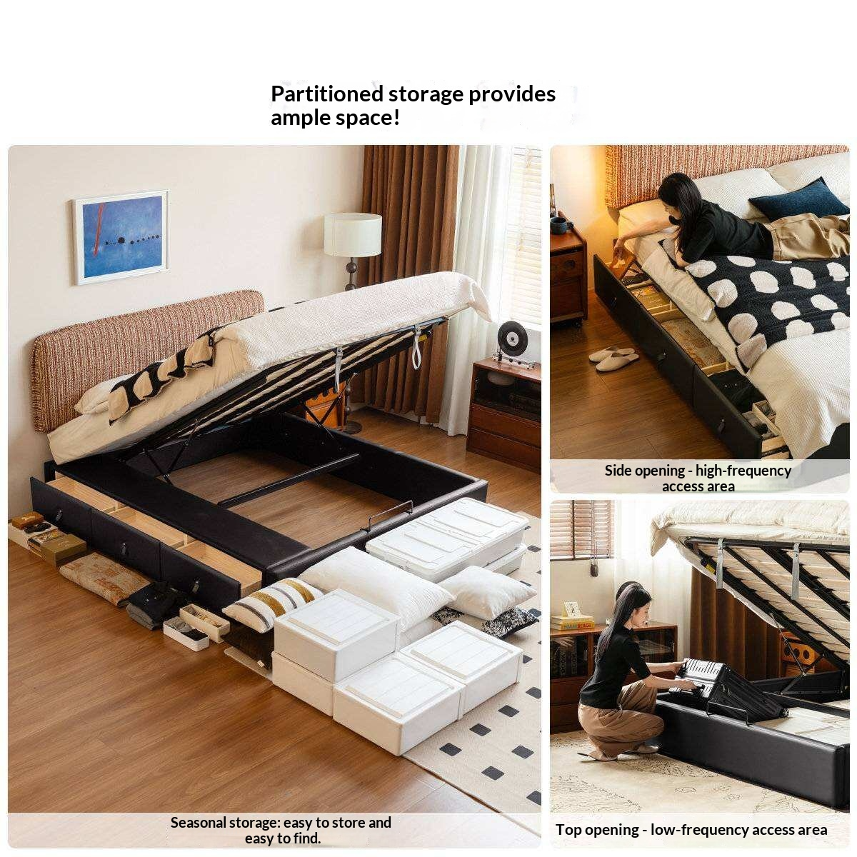 Terracotta Corduroy Storage Bed with Adjustable Headboard and Black Faux Leather Base