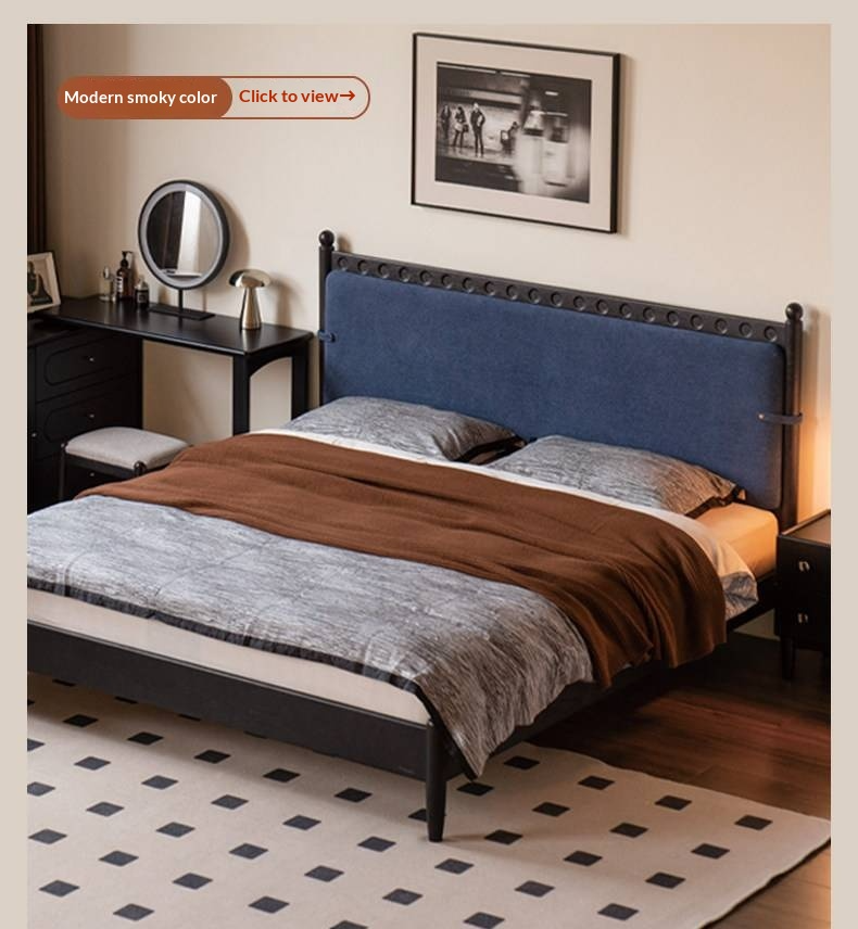 Black Walnut Solid Wood Bed — French Retro Style with Soft Backrest and Genuine Leather Upholstery