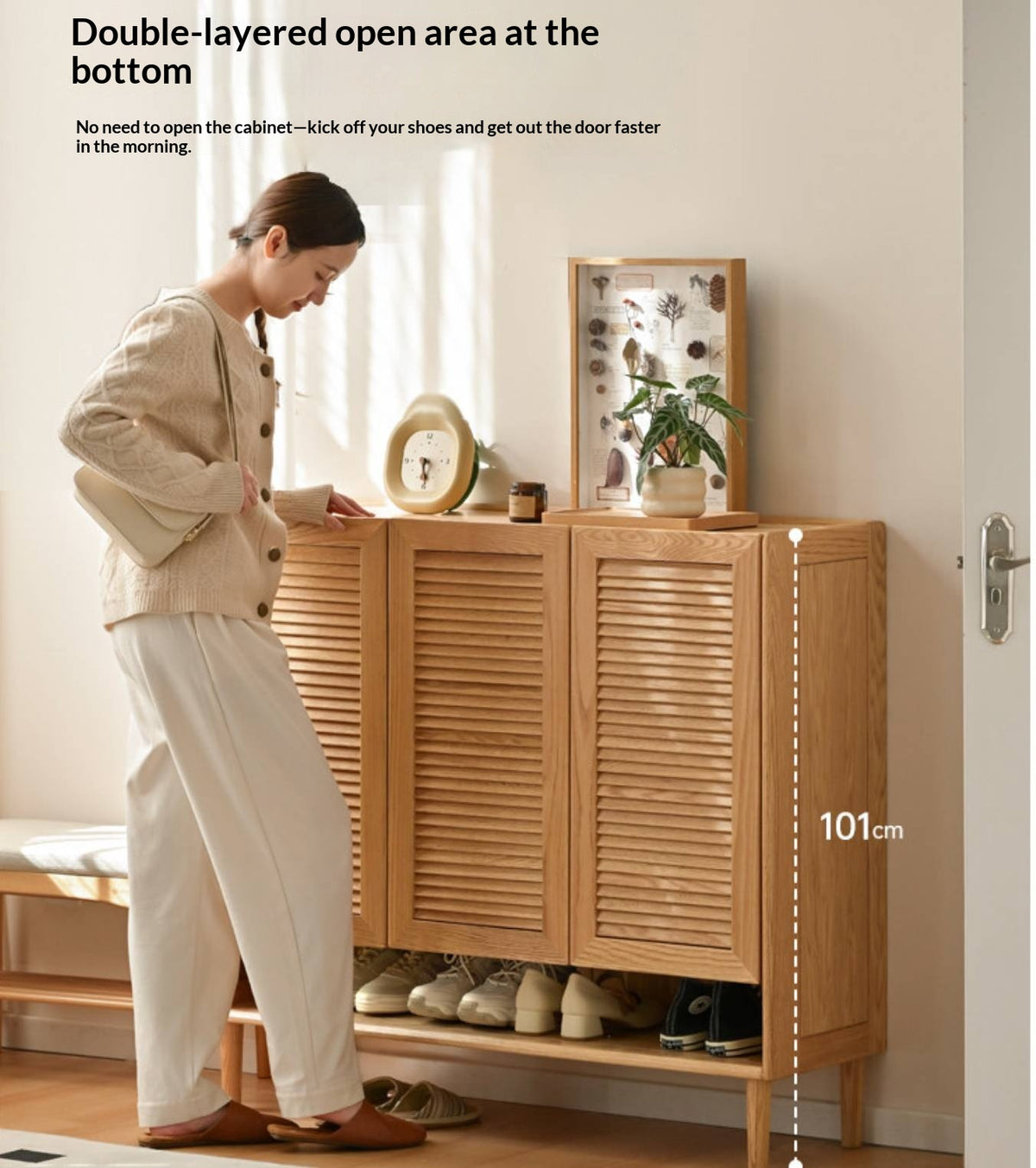 Oak Solid Wood Louvered Door Shoe Cabinet with Open Shelf for Entryway