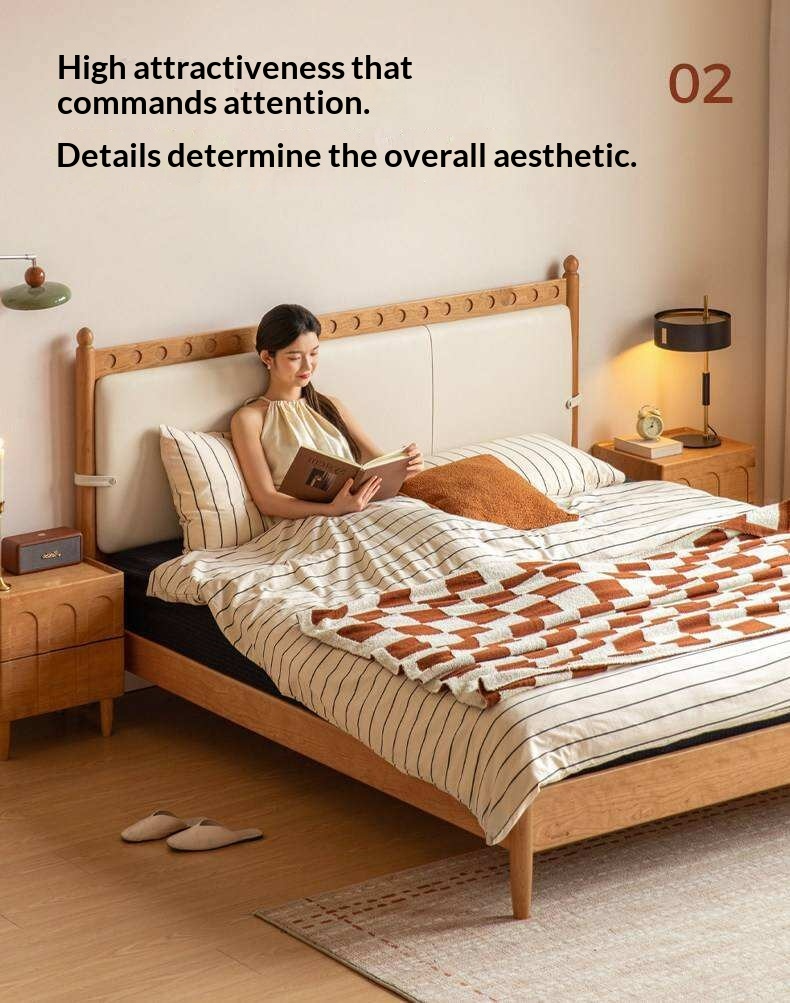 Cherry Solid Wood Double Bed with Vintage Style and Leather Upholstered Headboard