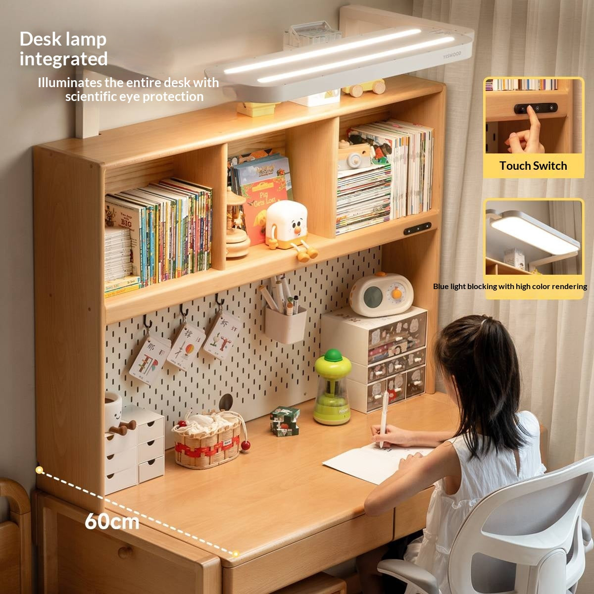 Beech Solid Wood Adjustable Height Children's Study Desk With Integrated Bookshelf