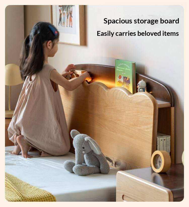 Beech Solid Wood Kids Bed with Scalloped Headboard and Hidden Storage