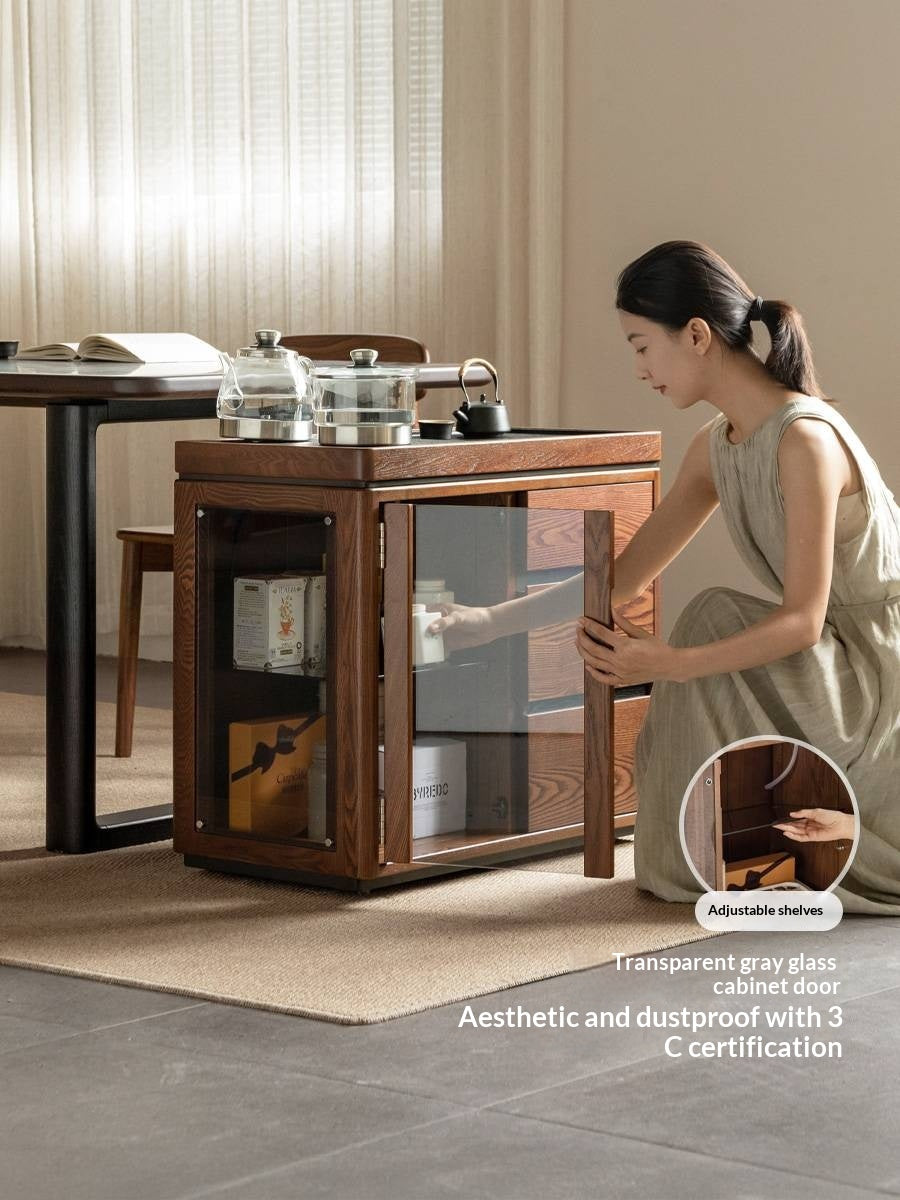 Ash Solid Wood Mobile Tea Cabinet Kettle Integrated