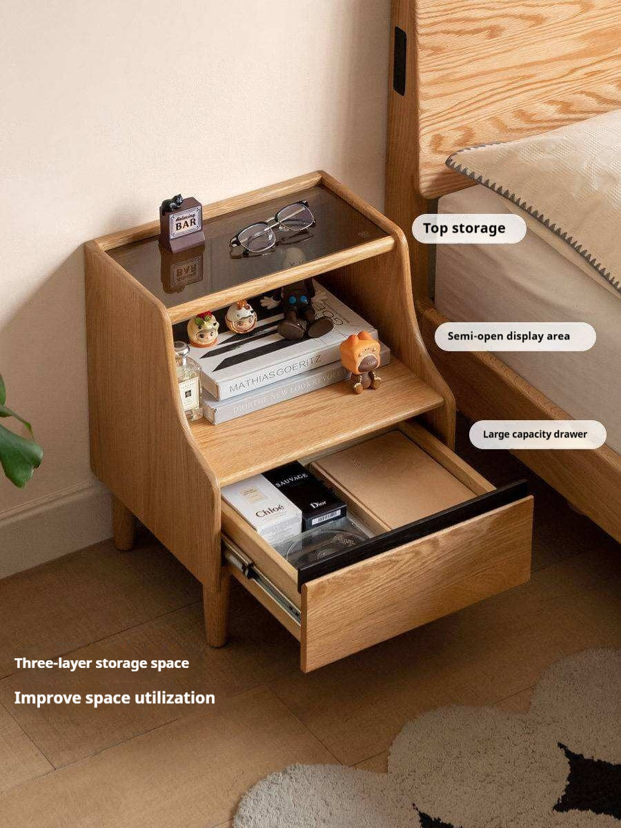 Solid RubberWood, Oak Solid Wood Nightstand with Glass Door with Storage