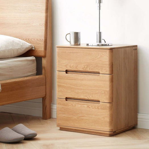 Three-drawer nightstand with lock oak solid wood"