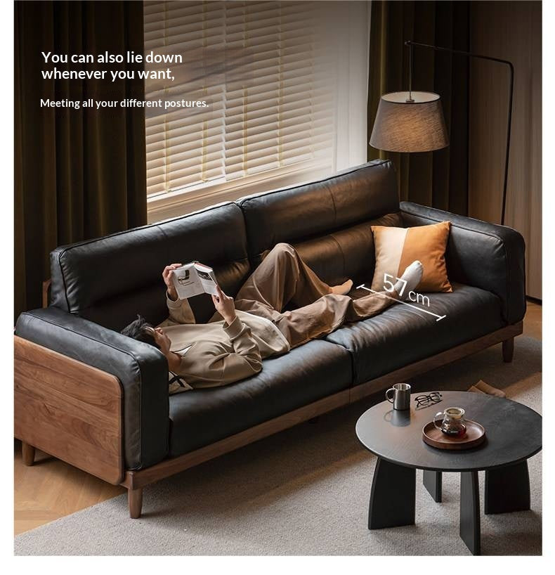 Black Walnut, Ash,  Sandalwood Solid Wood Genuine Leather, fabrics Sofa with High-Back Design