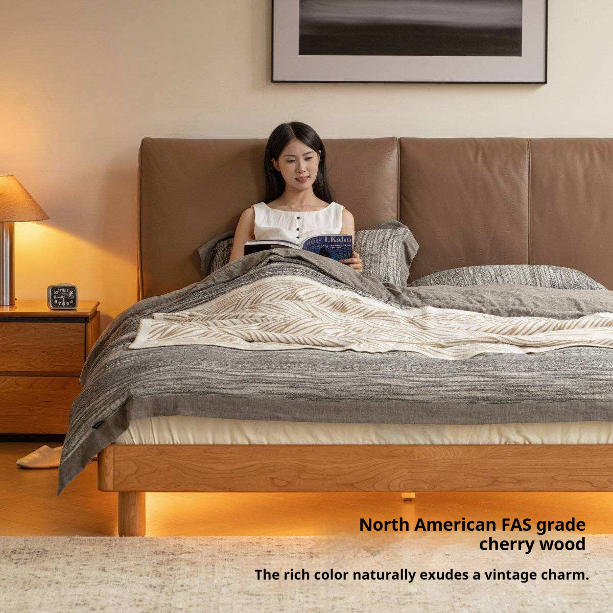 Cherry Solid Wood Bed with Genuine Leather Upholstered Headboard and LED Lighting