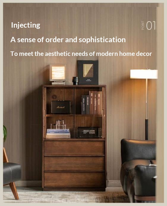 Sandalwood Solid Wood Tall Side Cabinet with Louvered Sliding Door and LED Lighting