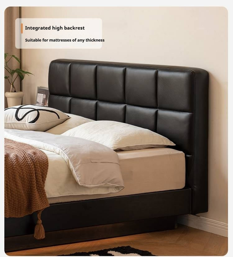 Oak Solid Wood Genuine Leather Upholstered Box Bed Retro Black Floating Bed