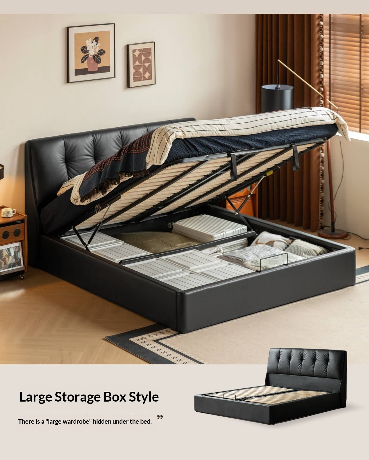 Genuine Leather Storage Bed with Tufted Headboard and Drawers