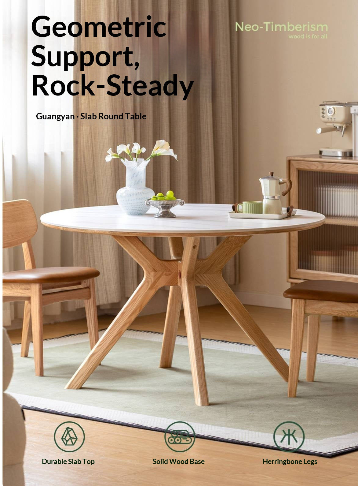 Oak Solid Wood Round Dining Table with Optional Sintered Stone Top and Chairs