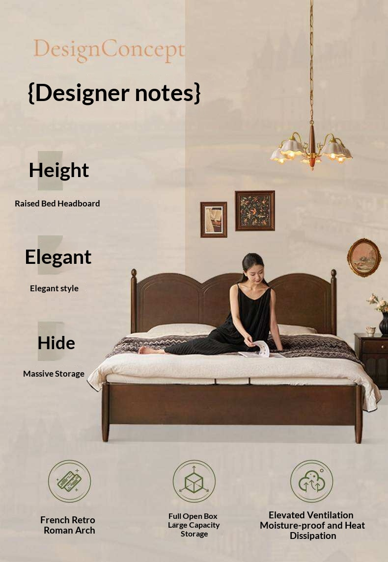 Poplar Solid Wood Bed with French Retro Style and Large Off-the-Floor Box Design