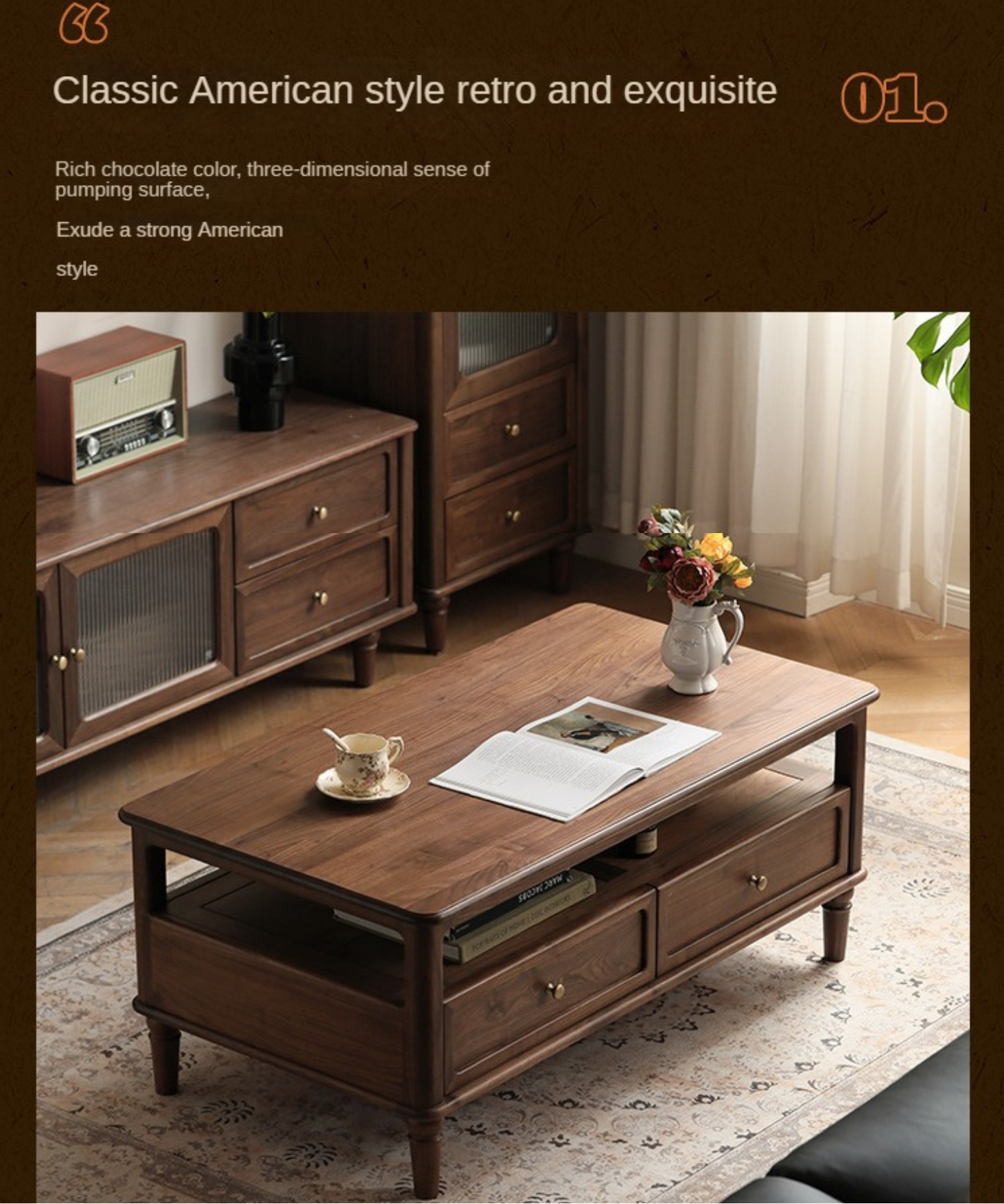 Black Walnut, Ash Solid Wood American Retro Coffee Table