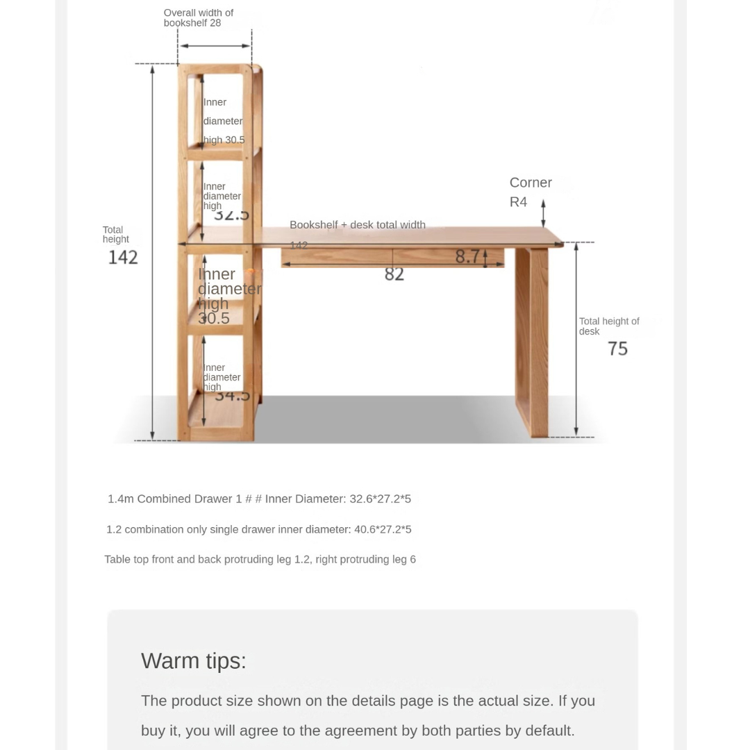 Oak solid wood Office desk Single Leg & bookshelf :