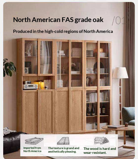 Oak Solid Wood Bookcase with Glass Doors, Large Oak Storage Cabinet for Living Room Display