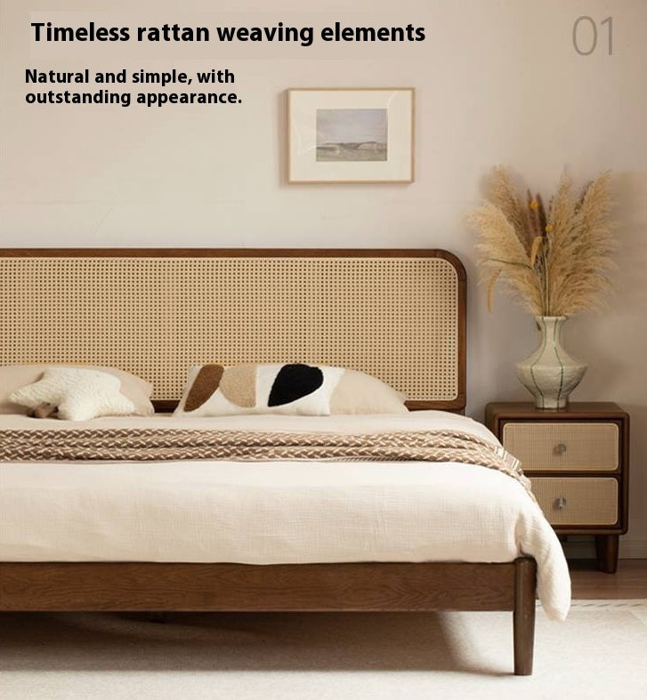 Oak Solid Wood Rattan Bed