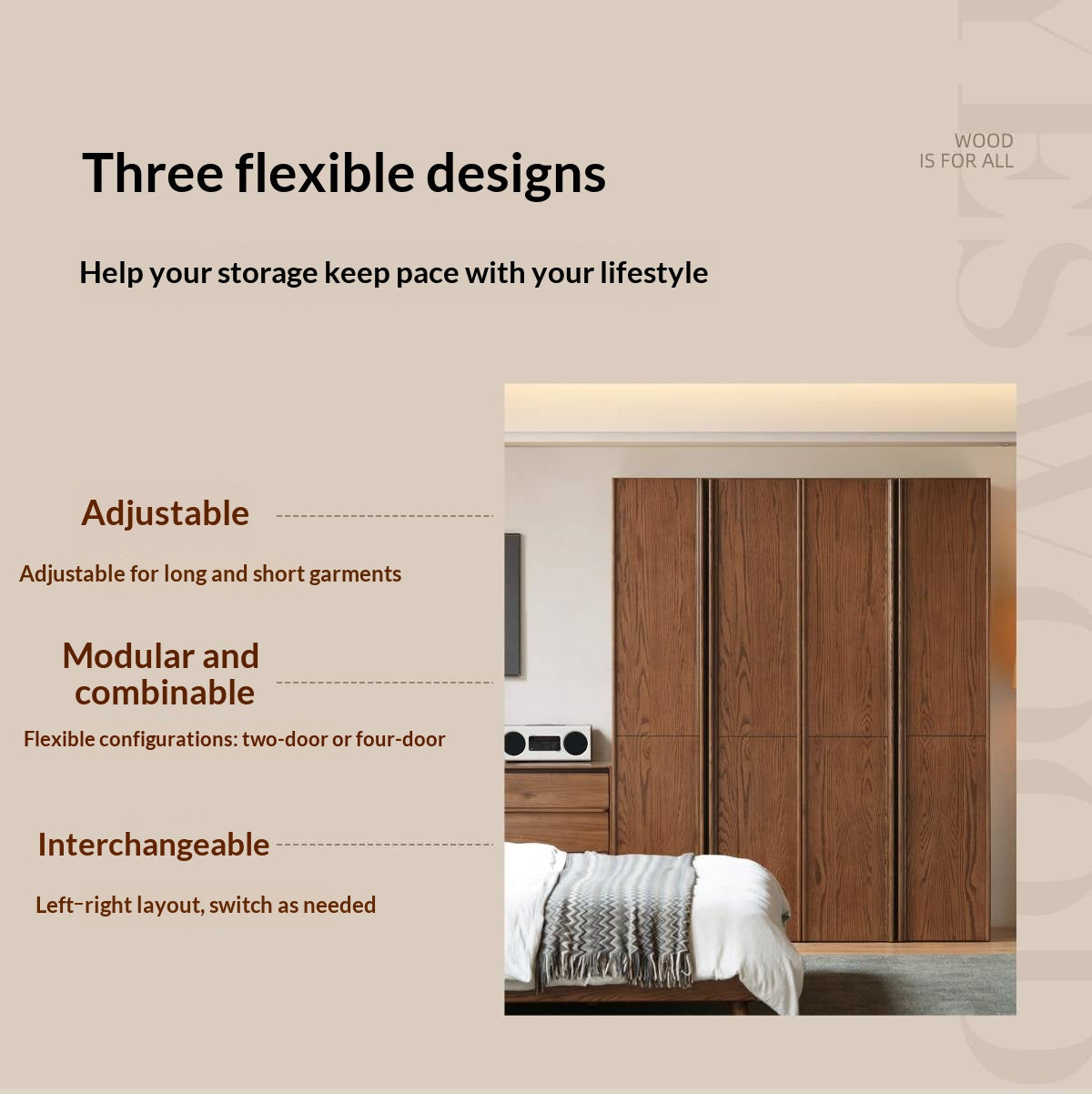 Oak Solid Wood Wardrobe with Italian Light Luxury Style and Double Doors