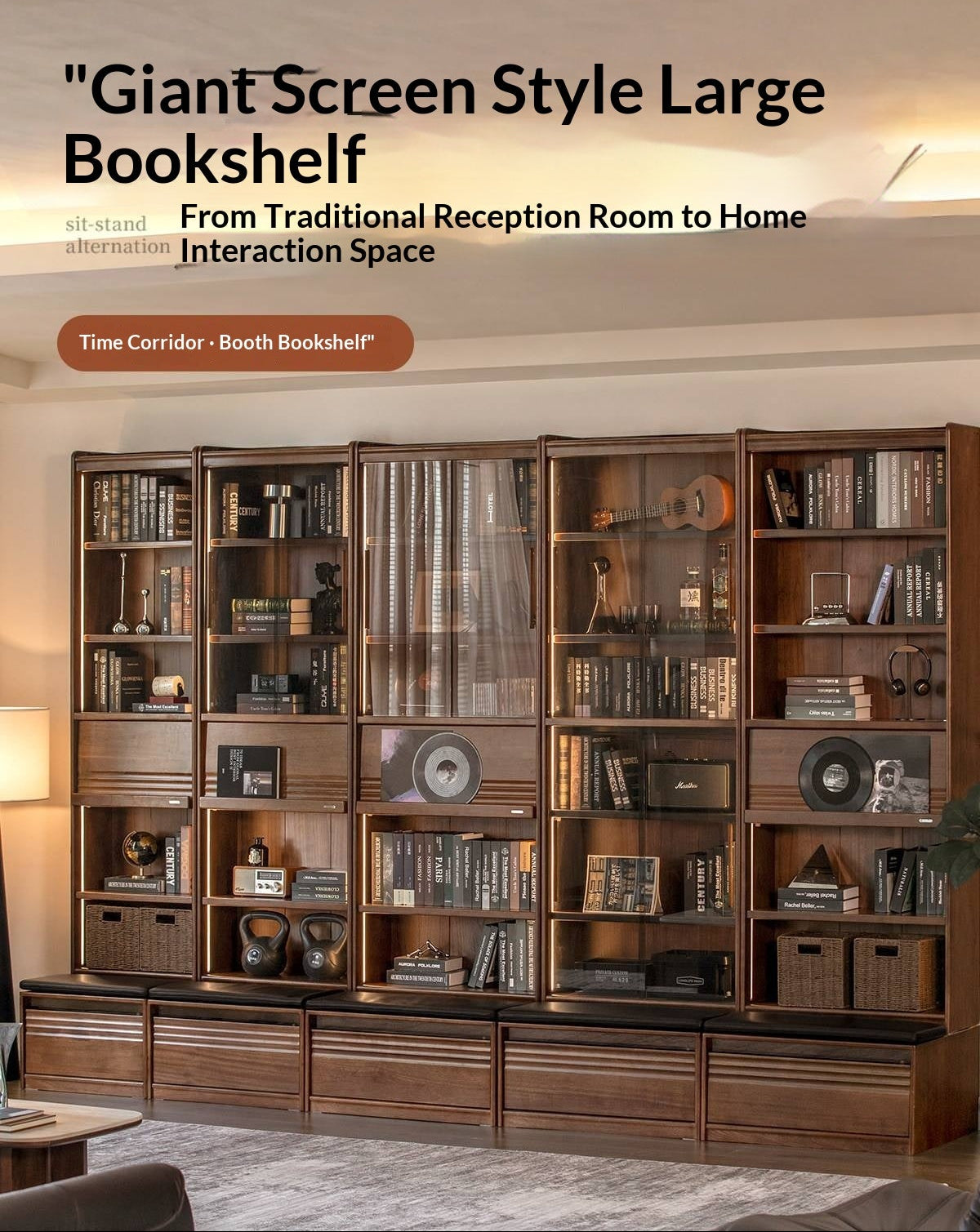 Black Walnut, Ash Solid Wood Combination Bookcase with Floor Display and Luxury Storage