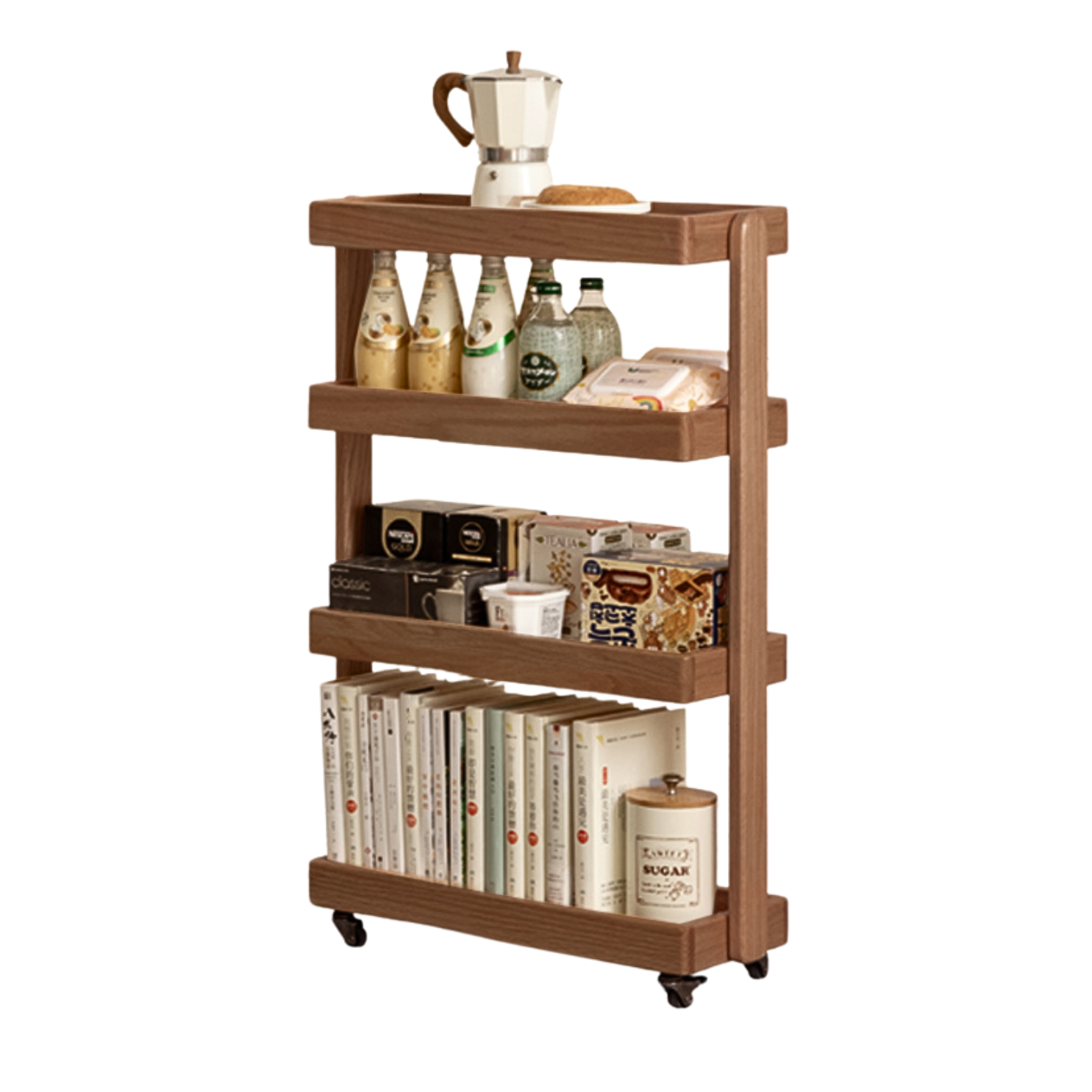 Oak Solid Wood Mobile Storage Rack Cart Ultra Narrow