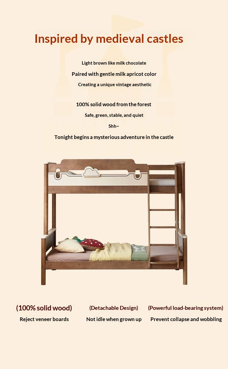 Rubberwood Solid Wood Castle-Inspired Bunk Bed with Cloud Cutout Guardrail