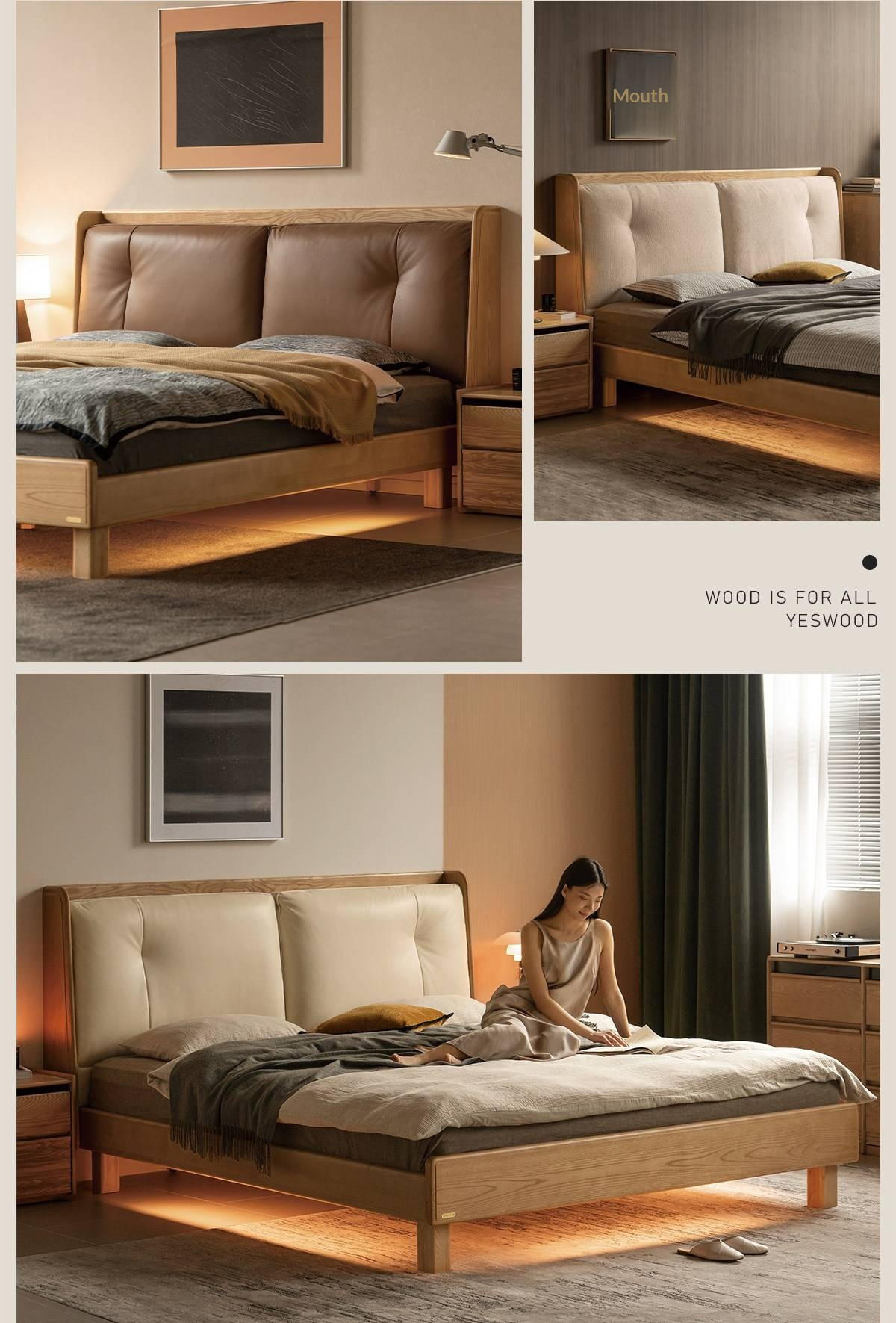 Ash Solid Wood Upholstered Floating Platform Bed with LED Lights