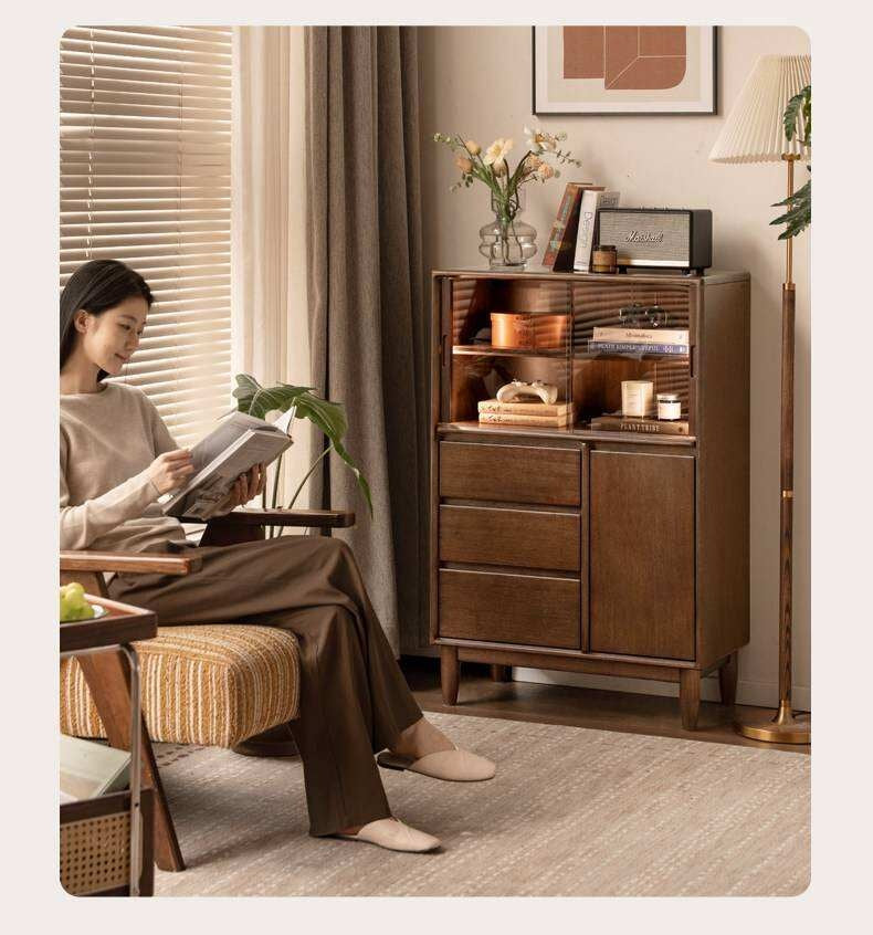 Golden Pear solid wood Side Cabinet with Enclosed Storage and Display Shelves