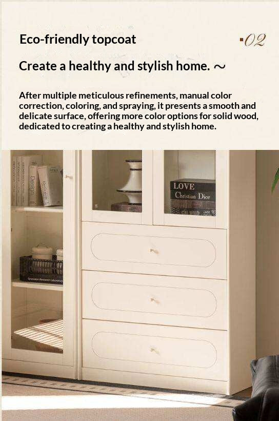 Solid RubberWood Bookcase White With Glass Door French Cream Style
