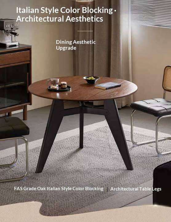 Oak Solid Wood Round Dining Table with Walnut-Stained Base