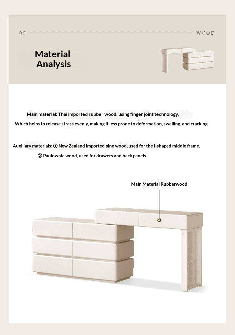 Solid Rubberwood Telescopic Vanity Table with Single-Layer Storage in White Cream
